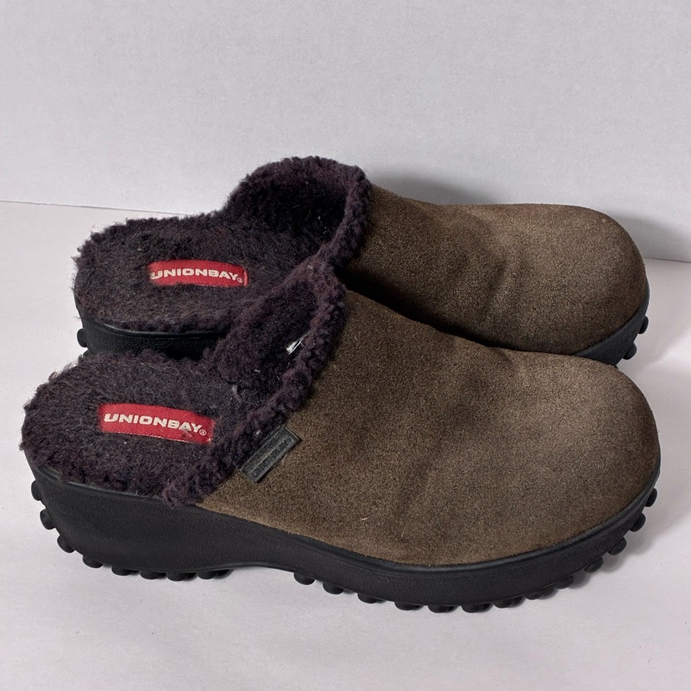 Vtg UnionBay Chunky Platform Clogs Sz 8 90s Y2K Brown‎ Suede Sherpa Lined Surge